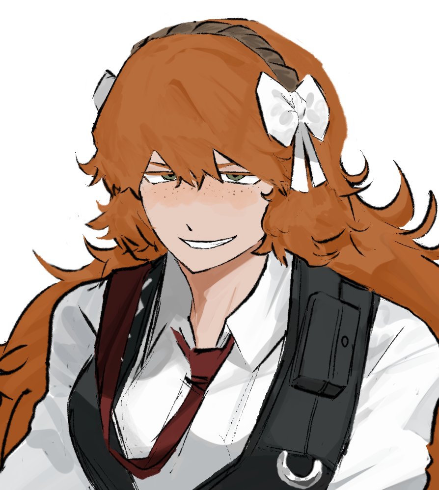 1girl, black_vest, collared_shirt, dress_shirt, grin, hairband, ishmael_(project_moon), ishmaelfanno8