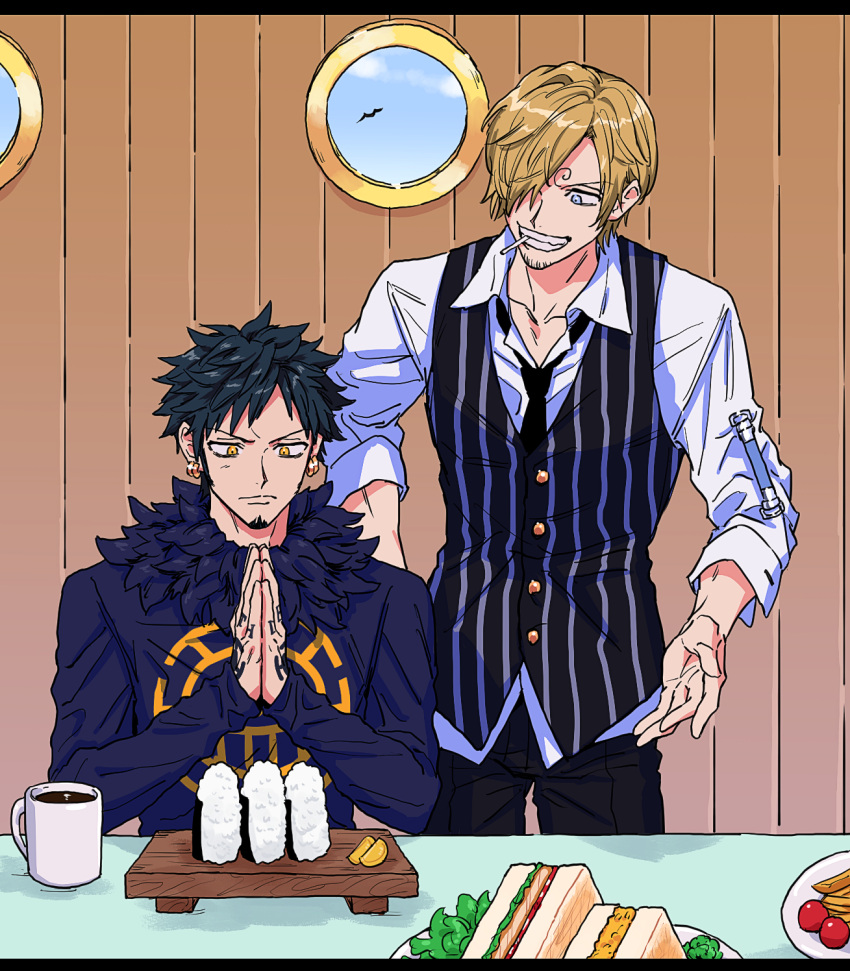 2boys, black_coat, black_hair, black_necktie, black_pants, black_vest, blonde_hair, blue_eyes, buttons, cigarette, closed_mouth, coat, coffee, coffee_mug, collarbone, collared_shirt, commentary_request, cup, curly_eyebrows, earrings, facial_hair, finger_tattoo, food, french_fries, fur-trimmed_coat, fur_trim, goatee, gold_earrings, grin, hair_over_one_eye, hand_tattoo, hands_up, highres, indoors, jewelry, long_sleeves, male_focus, mouth_hold, mug, multiple_boys, necktie, one_eye_covered, one_piece, onigiri, own_hands_together, pants, parted_bangs, plate, praying, round_window, sandwich, sanji_(one_piece), shirt, short_hair, sideburns, sitting, smile, standing, striped_clothes, striped_vest, sushi_geta, takuan, tattoo, teeth, trafalgar_law, v-shaped_eyebrows, vertical-striped_clothes, vertical-striped_vest, vest, white_shirt, window, yakumo_(ykm), yellow_eyes