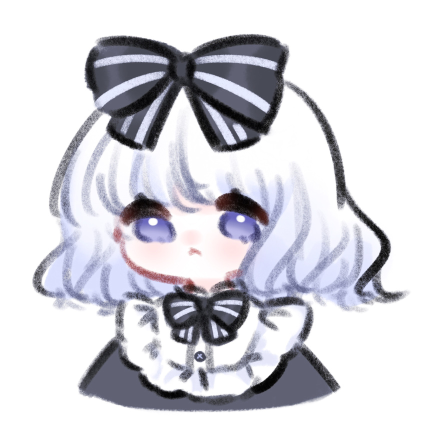 1girl, :<, black_bow, black_bowtie, black_dress, blue_eyes, bow, bowtie