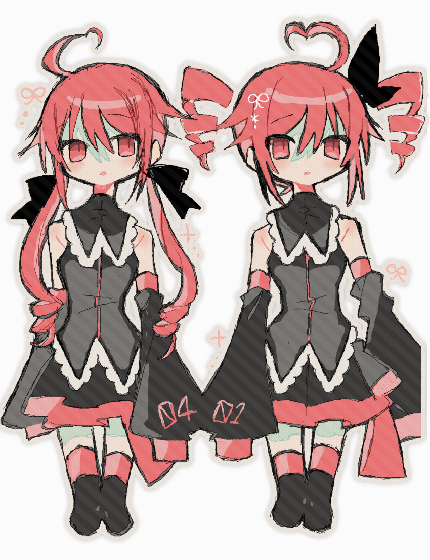 2girls, ahoge, alternate_hairstyle, bare_shoulders, black_ribbon, black_shirt, black_skirt, black_thighhighs