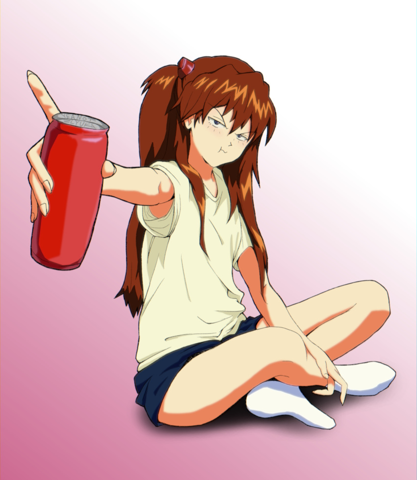 1girl, blue_eyes, blue_shorts, hair_clip, langley, neon_genesis_evangelion, orange_hair, redhead