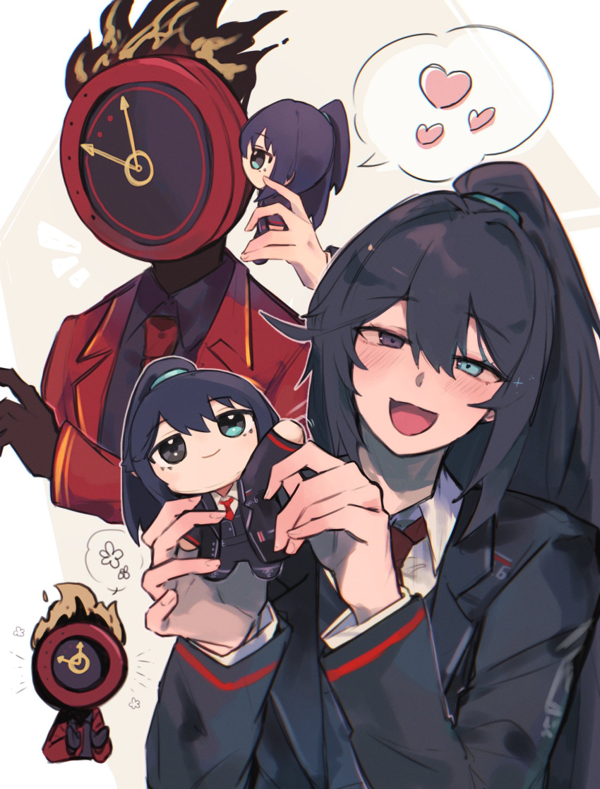 1boy, 1other, :d, black_eyes, black_gloves, blue_eyes, blue_hairband, blush
