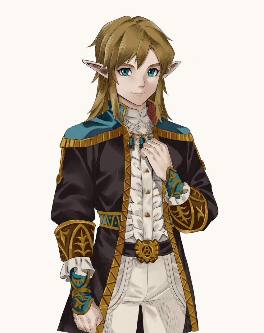1boy, black_coat, blonde_hair, blue_eyes, coat, commentary, cowboy_shot, frilled_shirt