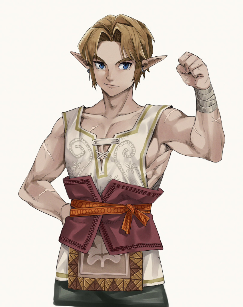 1boy, blonde_hair, blue_eyes, clenched_hand, commentary, cross_scar, earrings, hand_on_own_hip