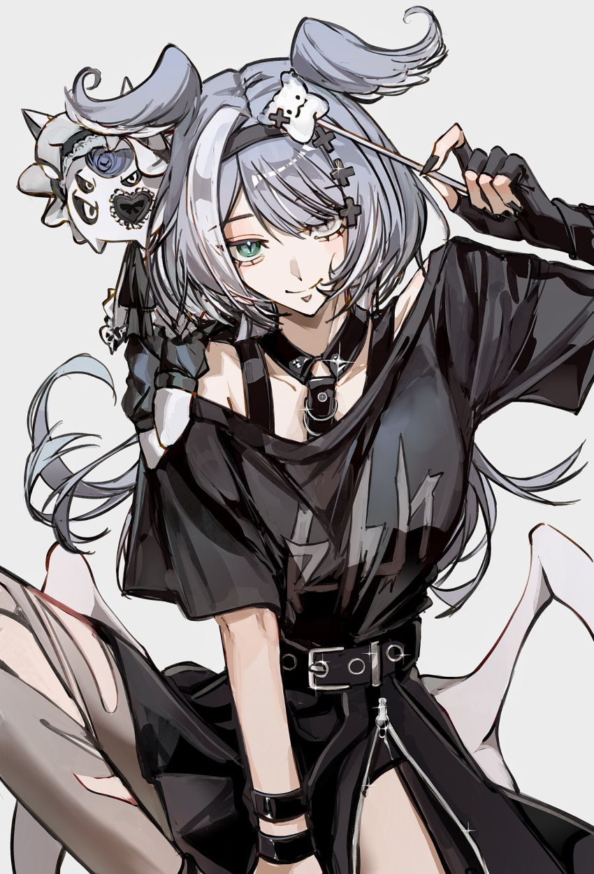 1girl, asymmetrical_legwear, black_gloves, black_hairband, black_shirt, black_skirt, blue_eyes, blue_hair