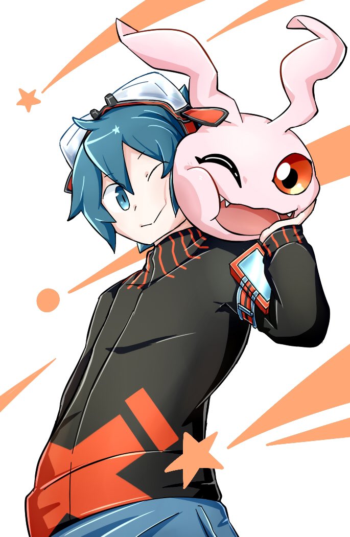 1boy, black_jacket, cowboy_shot, digimon, digimon_world_re:digitize, goggles, goggles_on_head, green_eyes