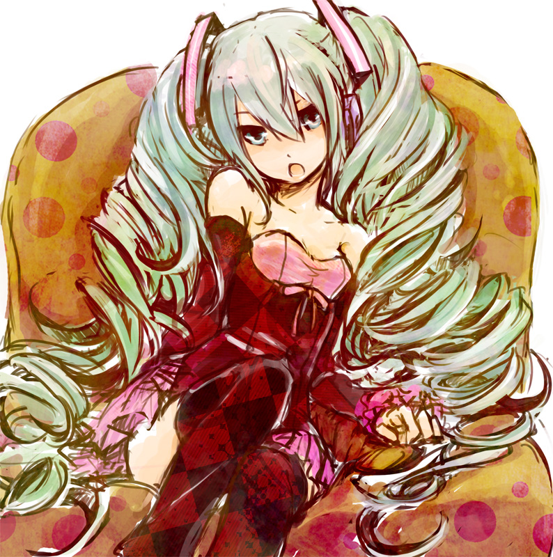 bare_shoulders, checkered, checkered_legwear, checkered_thighhighs, couch, detached_sleeves, green_eyes, green_hair
