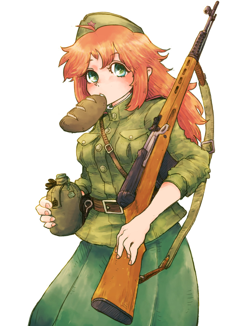 1girl, absurdres, ahoge, aqua_eyes, belt, bread, breasts, brown_belt, commentary_request, cowboy_shot, doe774, dress, food, food_in_mouth, garrison_cap, green_dress, green_jacket, green_pupils, green_shirt, gun, gun_sling, hammer_and_sickle, hat, highres, holding, holding_canteen, holding_gun, holding_weapon, hong_meiling, jacket, loaf_of_bread, long_hair, looking_at_viewer, medium_breasts, military_fatigues, military_jacket, military_uniform, mouth_hold, original, red_hair, red_star, rifle, shirt, simple_background, sleeves_pushed_up, soldier, solo, soviet, soviet_army, star_(symbol), three_quarter_view, weapon, white_background