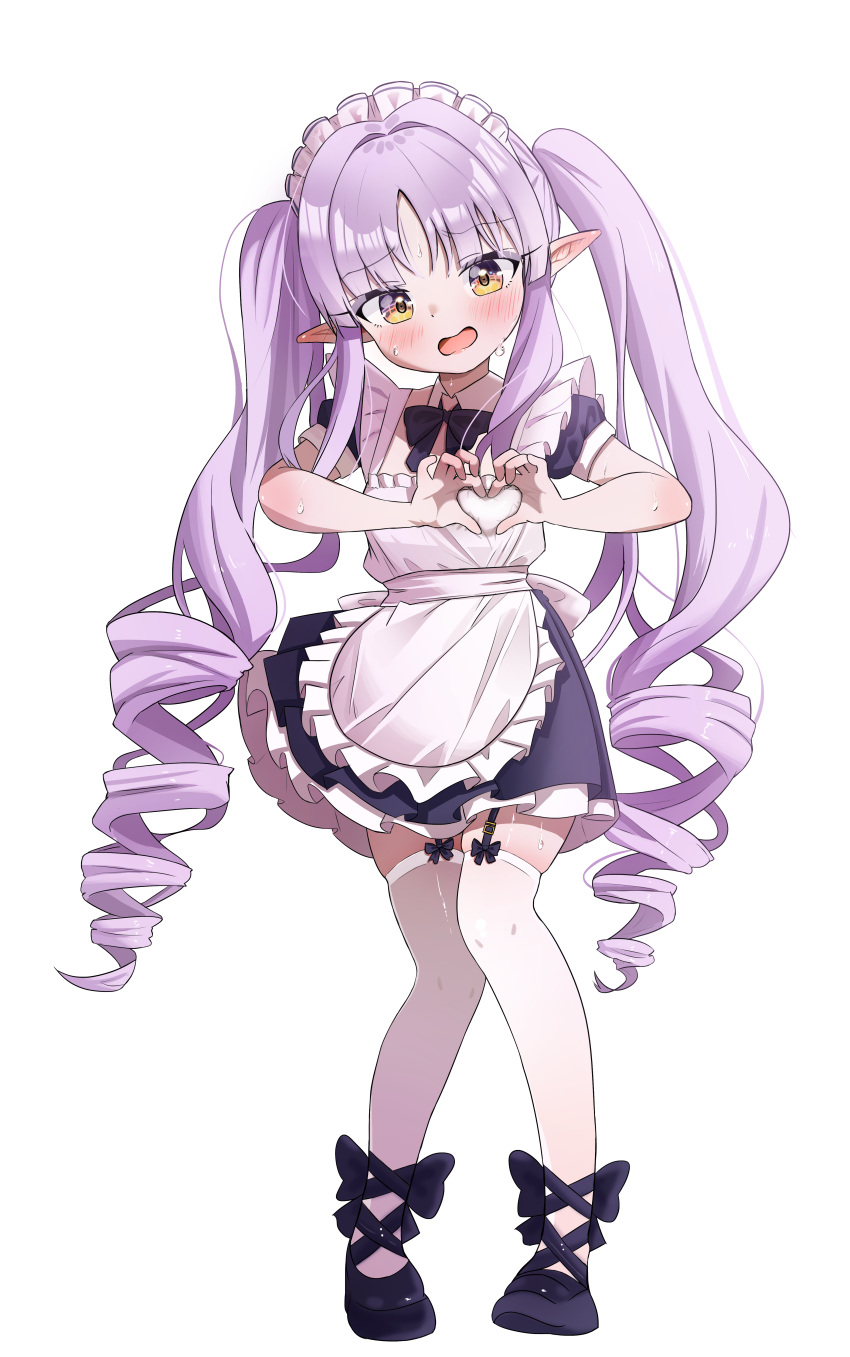 1girl, absurdres, drill_hair, fella_(vpffk0731), garter_straps, heart, heart_hands, highres, kyoka_(princess_connect!), long_hair, maid, nervous, nervous_sweating, pointy_ears, princess_connect!, purple_hair, simple_background, sweat, thigh-highs, twintails, white_thighhighs, yellow_eyes
