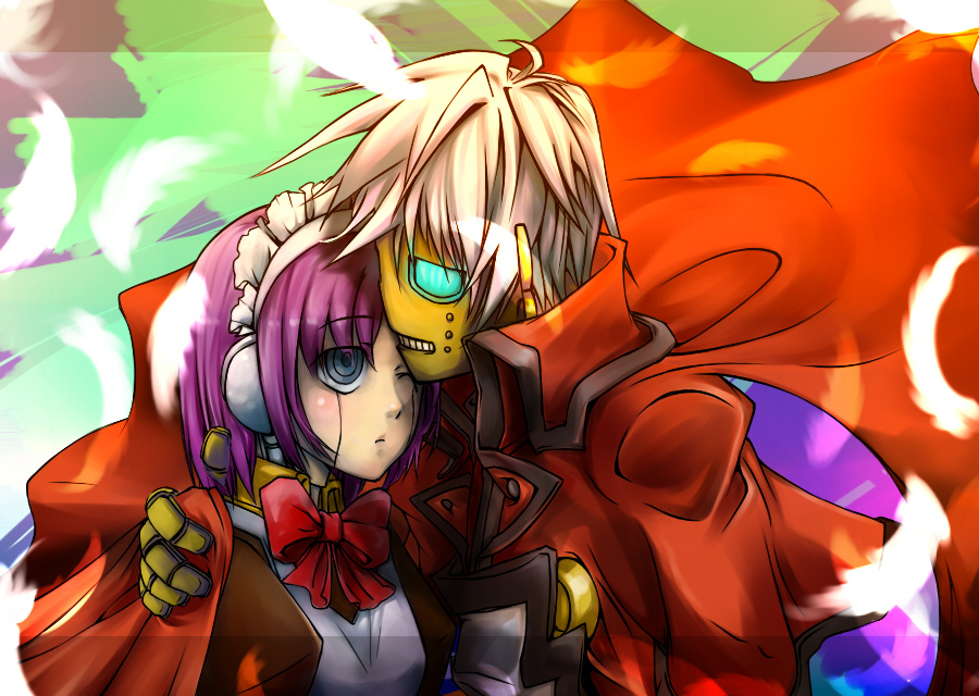 1boy, 1girl, cape, clothed_robot, covering_with_clothes, crossover, feathers, glowing