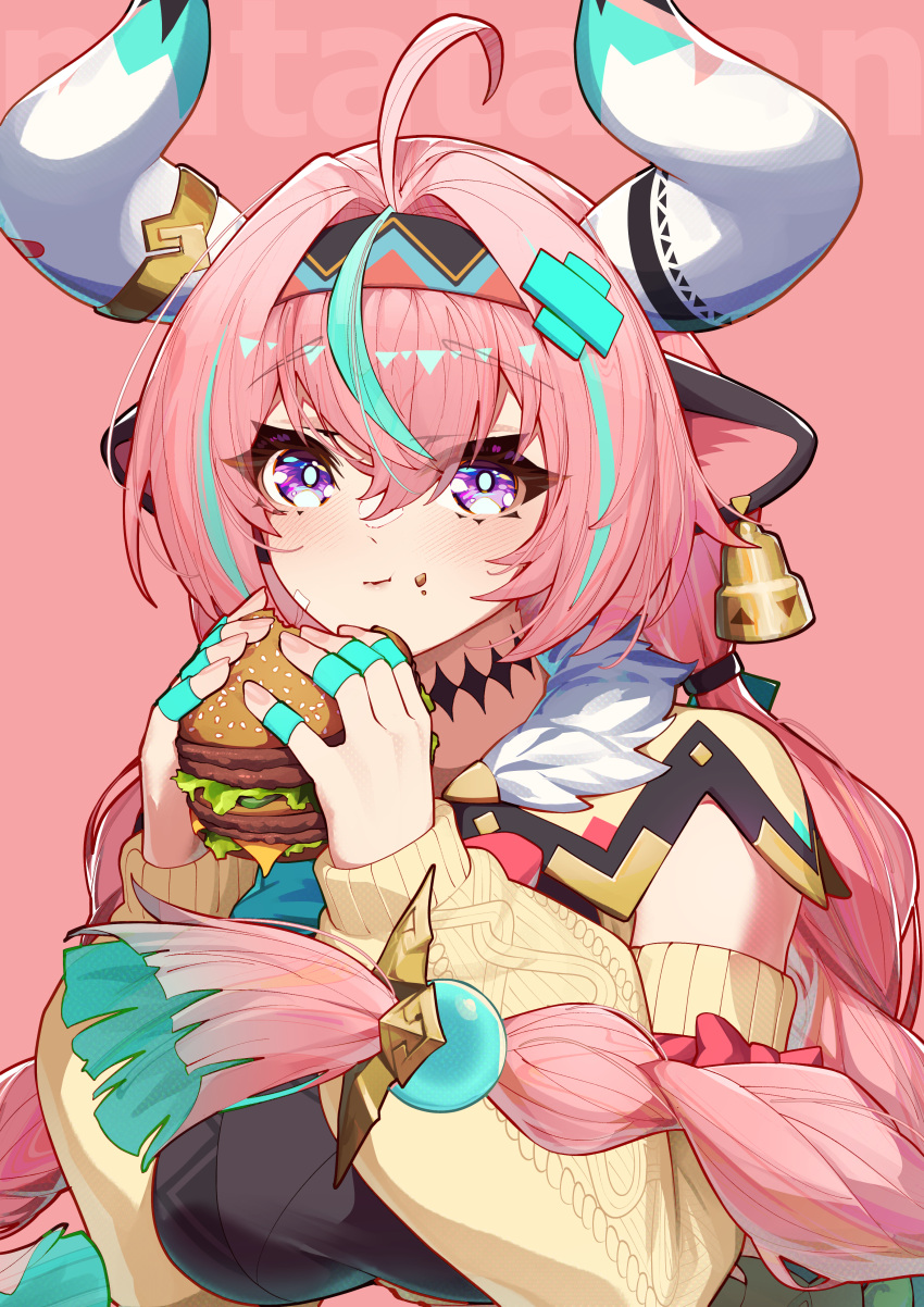 1girl, absurdres, ahoge, animal_ears, aqua_hair, bell, braid, breasts