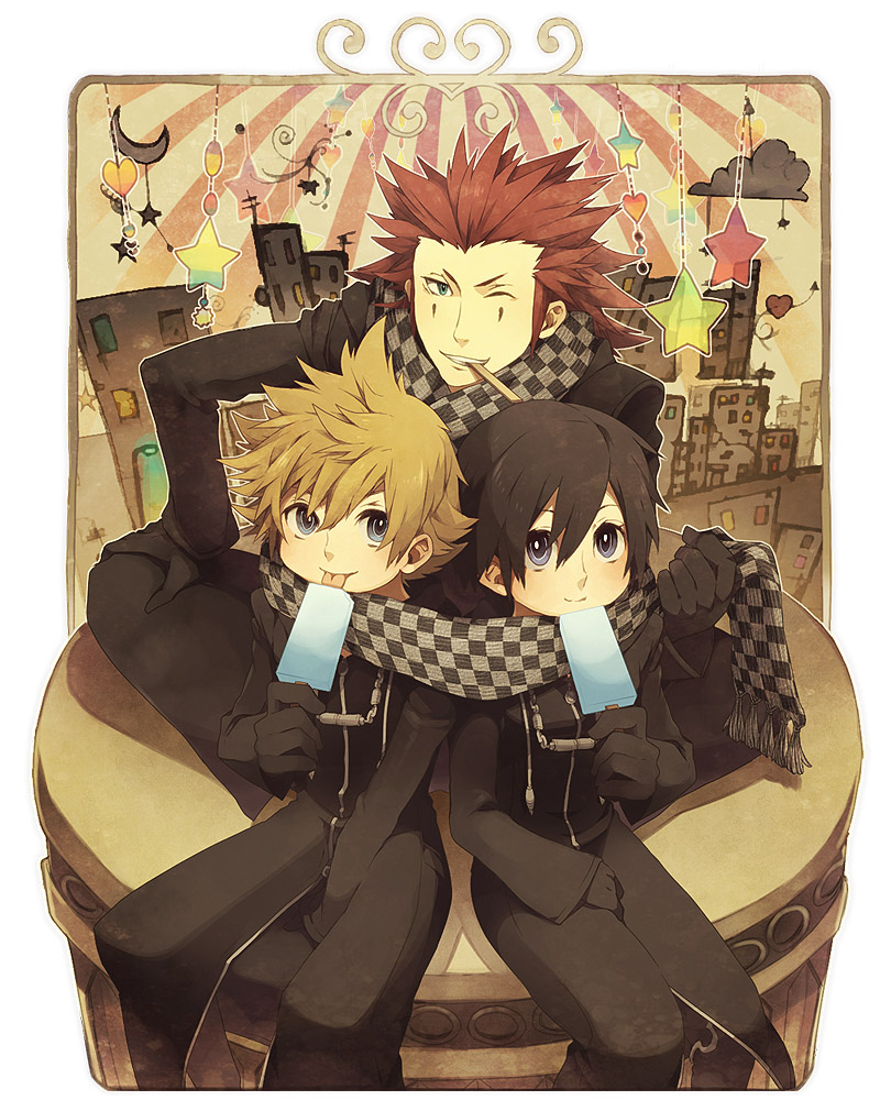 bad_id, black_hair, blonde_hair, blue_eyes, checkered, facial_mark, food, gloves