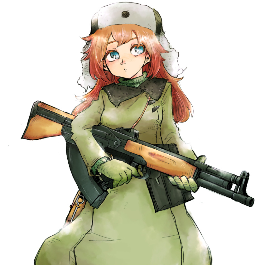 1girl, :<, absurdres, ammunition_pouch, aqua_eyes, assault_rifle, bloom, breasts