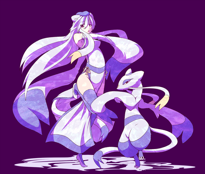 1girl, china_dress, chinese_clothes, fighting_stance, hat, kojondo, kuromiya, long_hair, long_sleeves, mienshao, moemon, no_panties, personification, pokemon, pokemon_(creature), pokemon_(game), pokemon_black_and_white, pokemon_bw, red_eyes, shoes, silver_hair, solo, tail, thigh-highs, thighhighs