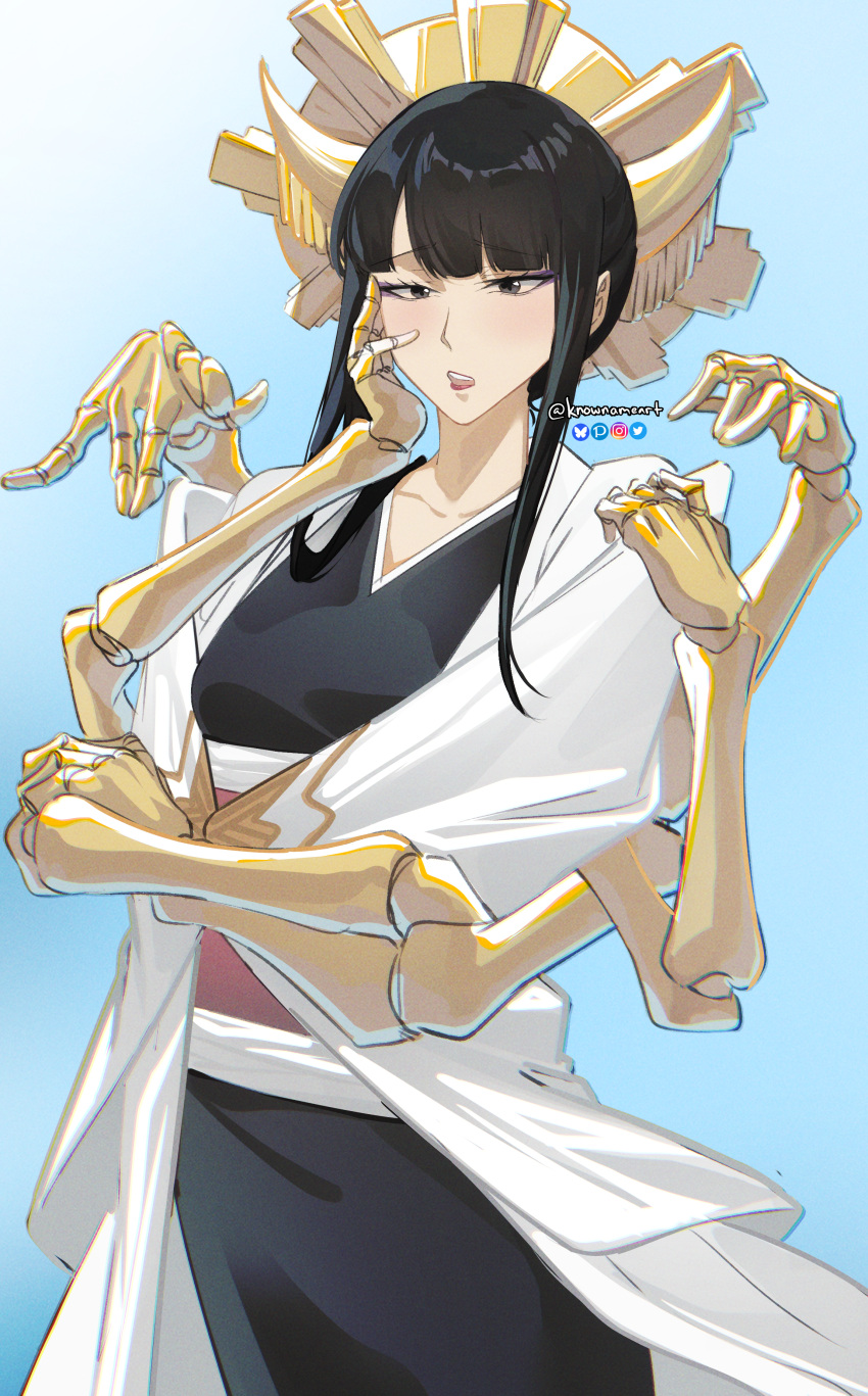 1girl, absurdres, black_hair, black_kimono, bleach, bleach:_sennen_kessen-hen, blue_background, commentary