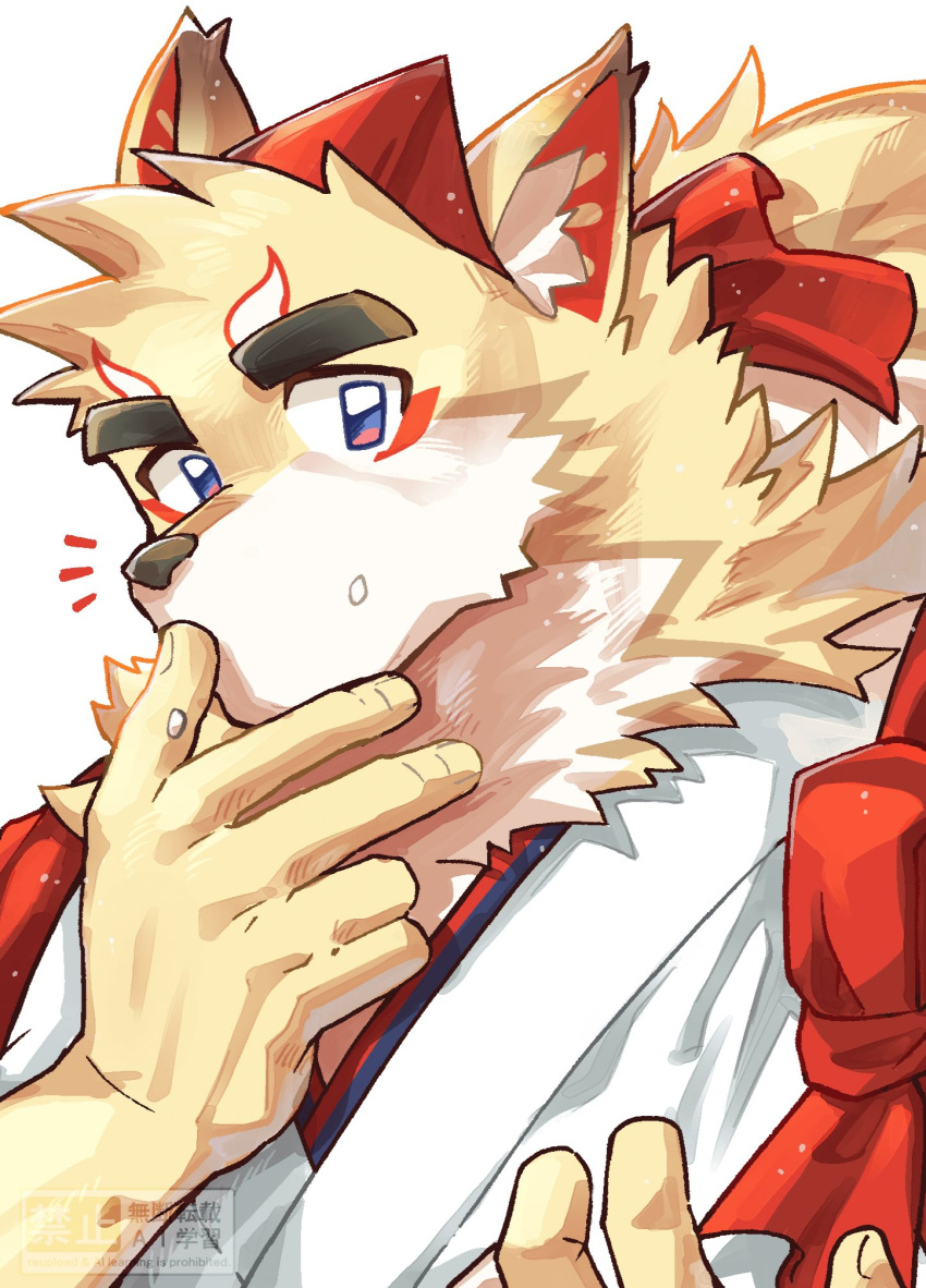1boy, animal_ears, commentary_request, finger_to_mouth, food, food_on_face, fox_boy, fox_ears