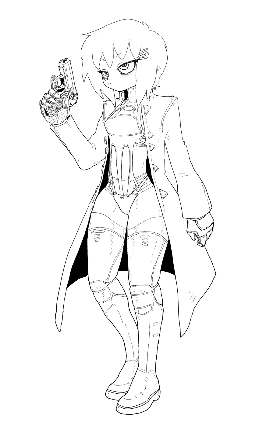 1girl, :<, absurdres, armored_gloves, bags_under_eyes, bodysuit, bodysuit_under_clothes, boots
