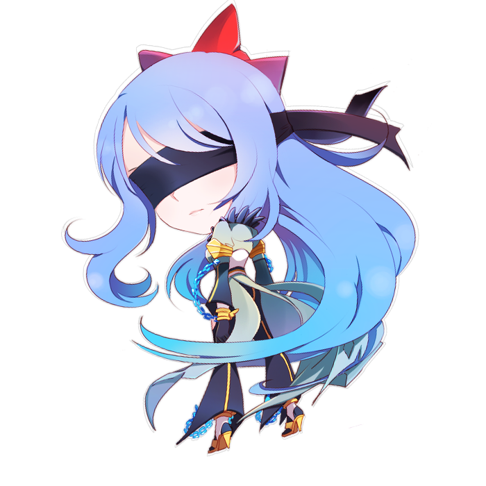 1girl, black_blindfold, black_gloves, black_pants, blindfold, blue_hair, bow, chain