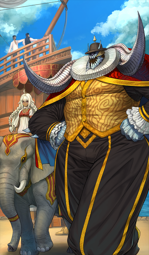 1girl, 3boys, ahoge, animal, arm_support, black_hat, black_pants, black_shirt