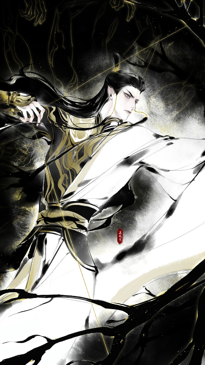 1boy, absurdres, baku-jo_yado, black_bodysuit, black_hair, black_sash, bodysuit, bow_(weapon)