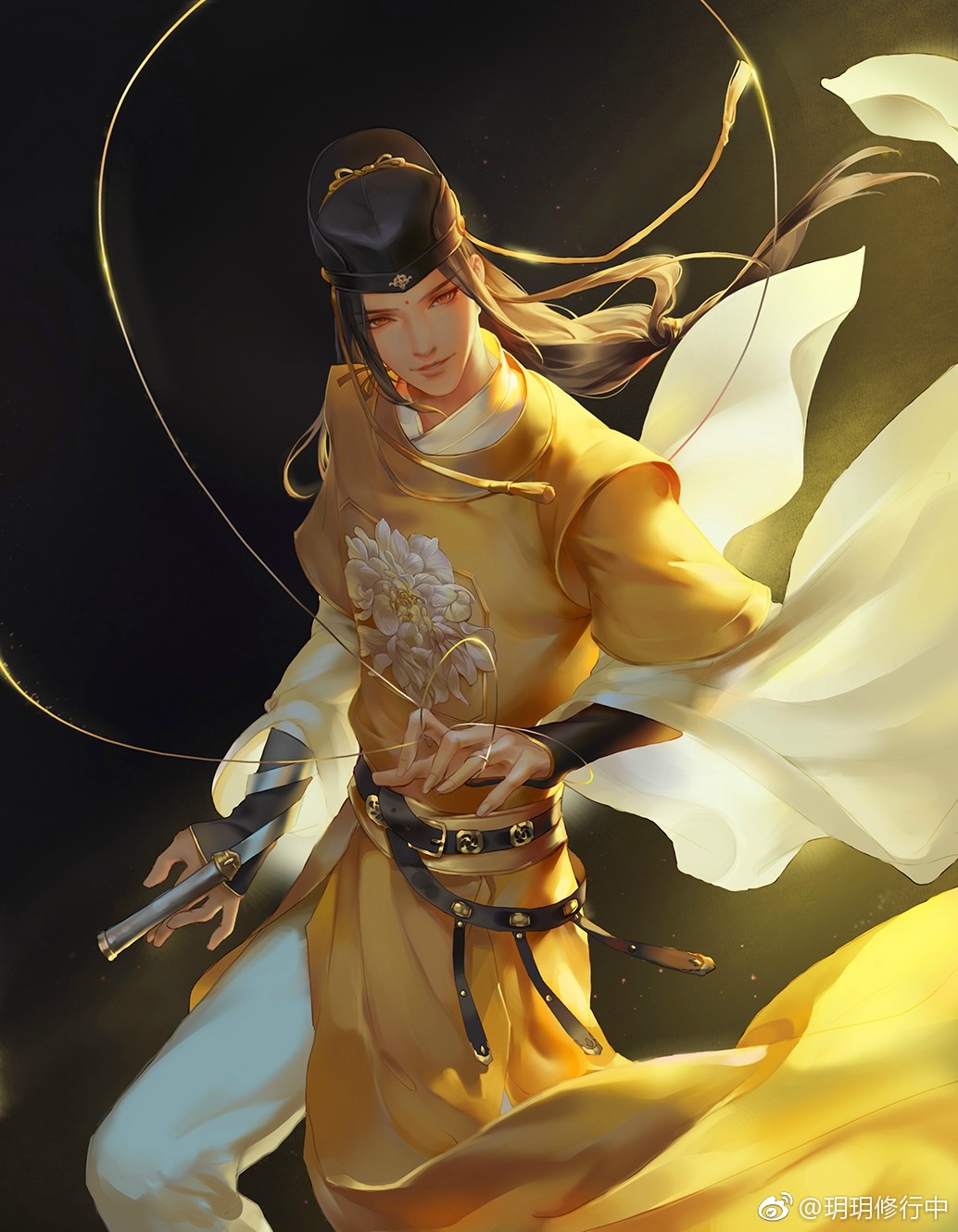 1boy, black_hair, brown_hair, chinese_clothes, chinese_commentary, cowboy_shot, floral_print, hanfu
