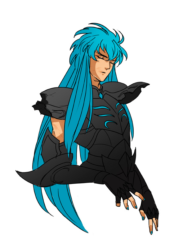 1boy, aquarius_camus, armor, bishounen, black_armor, blue_hair, blue_nails, broken_armor