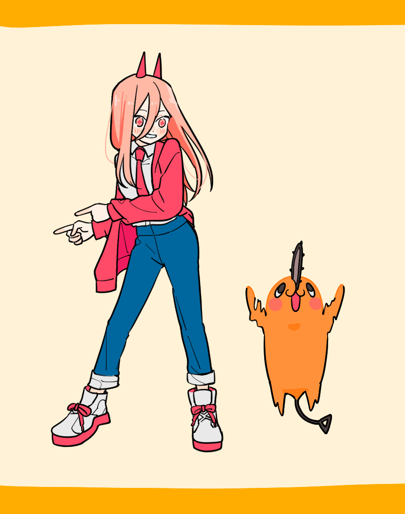 1girl, blue_pants, chainsaw_man, commentary_request, cross-shaped_pupils, gurukousu, hair_between_eyes, horns, jacket, meme, necktie, pants, pink_eyes, pink_hair, pochita_(chainsaw_man), pointing, pointing_to_the_side, pokedance_(meme), power_(chainsaw_man), red_horns, red_jacket, red_necktie, shoes, smile, sneakers, symbol-shaped_pupils, white_shoes