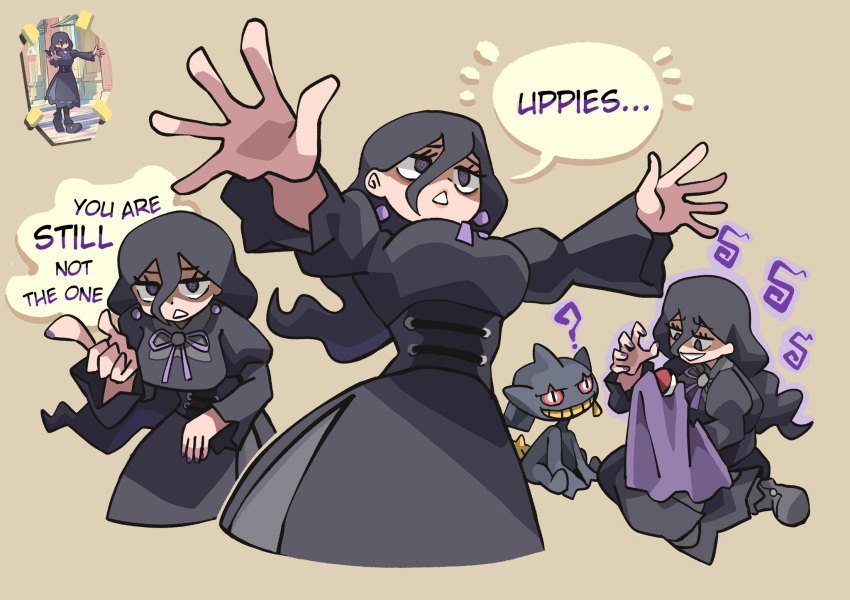 1girl, ?, aura, banette, black_corset, black_dress, black_hair, breasts