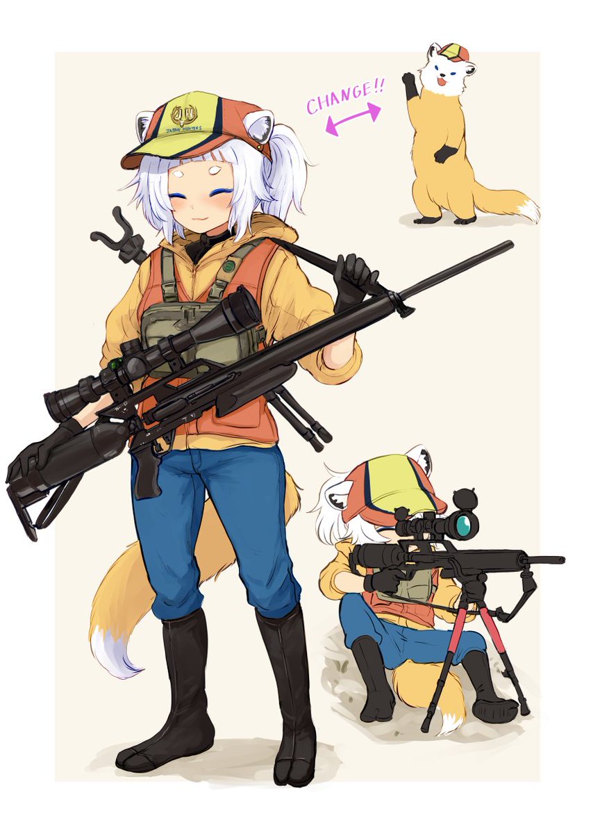 1girl, air_gun, animal_ear_fluff, animal_ears, batta_(kanzume_quality), bipod, black_gloves, blue_eyeshadow, blunt_bangs, coat, denim, eyeshadow, fluffy_tail, full_body, gloves, gun, hat, highres, hikimayu, holding, holding_gun, holding_weapon, hood, hooded_coat, hunting_vest, japanese_marten, jeans, jika-tabi, makeup, multiple_views, orange_coat, orange_hat, orange_vest, original, pants, ponytail, rifle, scope, short_bangs, simple_background, sitting, smile, standing, vest, vest_pouch, weapon, white_eyeliner, white_hair