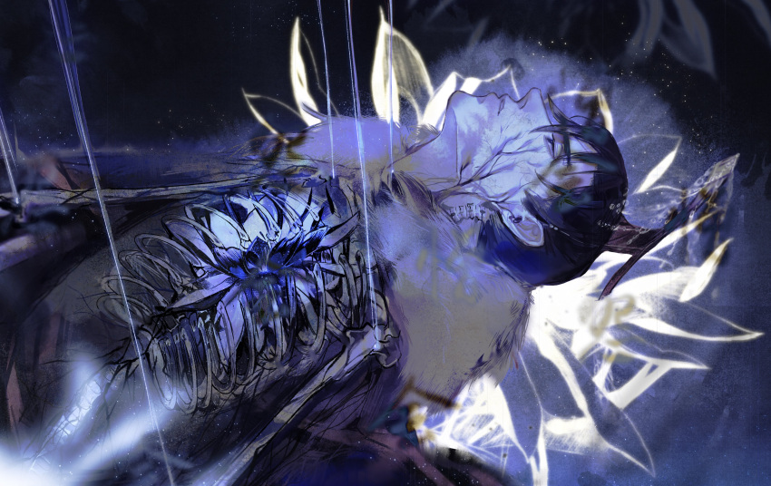 1boy, absurdres, baku-jo_yado, black_flower, black_hair, black_hat, chinese_clothes, chinese_commentary