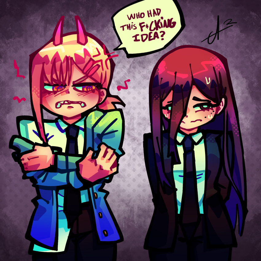 2girls, alpharecdyt, alternate_hair_length, alternate_hairstyle, anger_vein, arms_behind_back, black_jacket, black_necktie