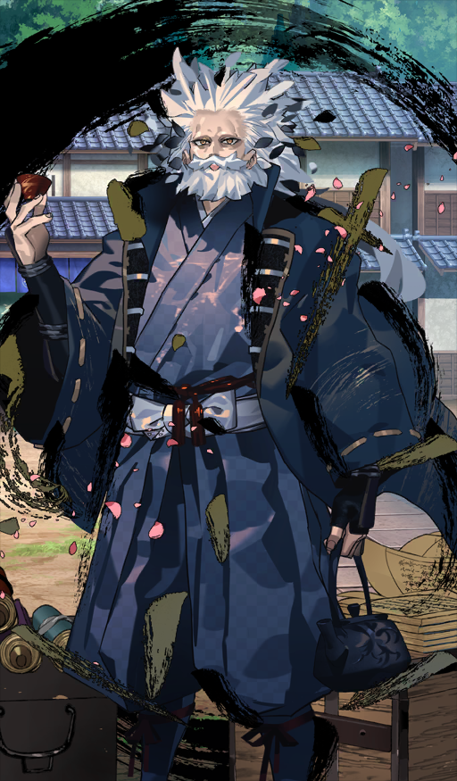 1boy, architecture, arm_at_side, bag, beard, blue_hakama, blue_kimono, commentary_request