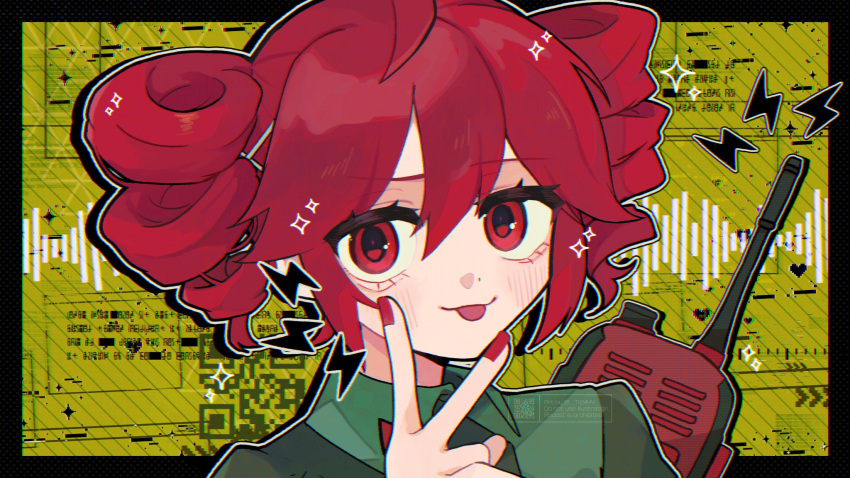 1girl, ahoge, audio_visualizer, blush, collared_shirt, commentary_request, drill_hair, green_shirt, hair_between_eyes, hand_up, heart, highres, kasane_teto, kasane_teto_(sv), looking_at_viewer, medium_hair, portrait, qr_code, red_eyes, red_hair, red_nails, shirt, sidelocks, solo, sparkle, synthesizer_v, takamiya_yuu, tongue, tongue_out, twin_drills, twintails, utau, v, walkie-talkie, watermark