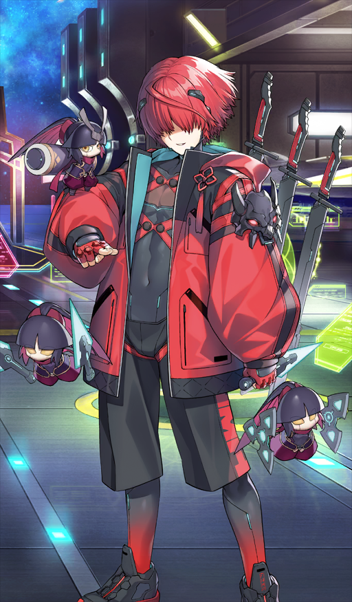 1boy, arm_at_side, black_shoes, black_shorts, commentary_request, covered_collarbone, covered_eyes, covered_navel
