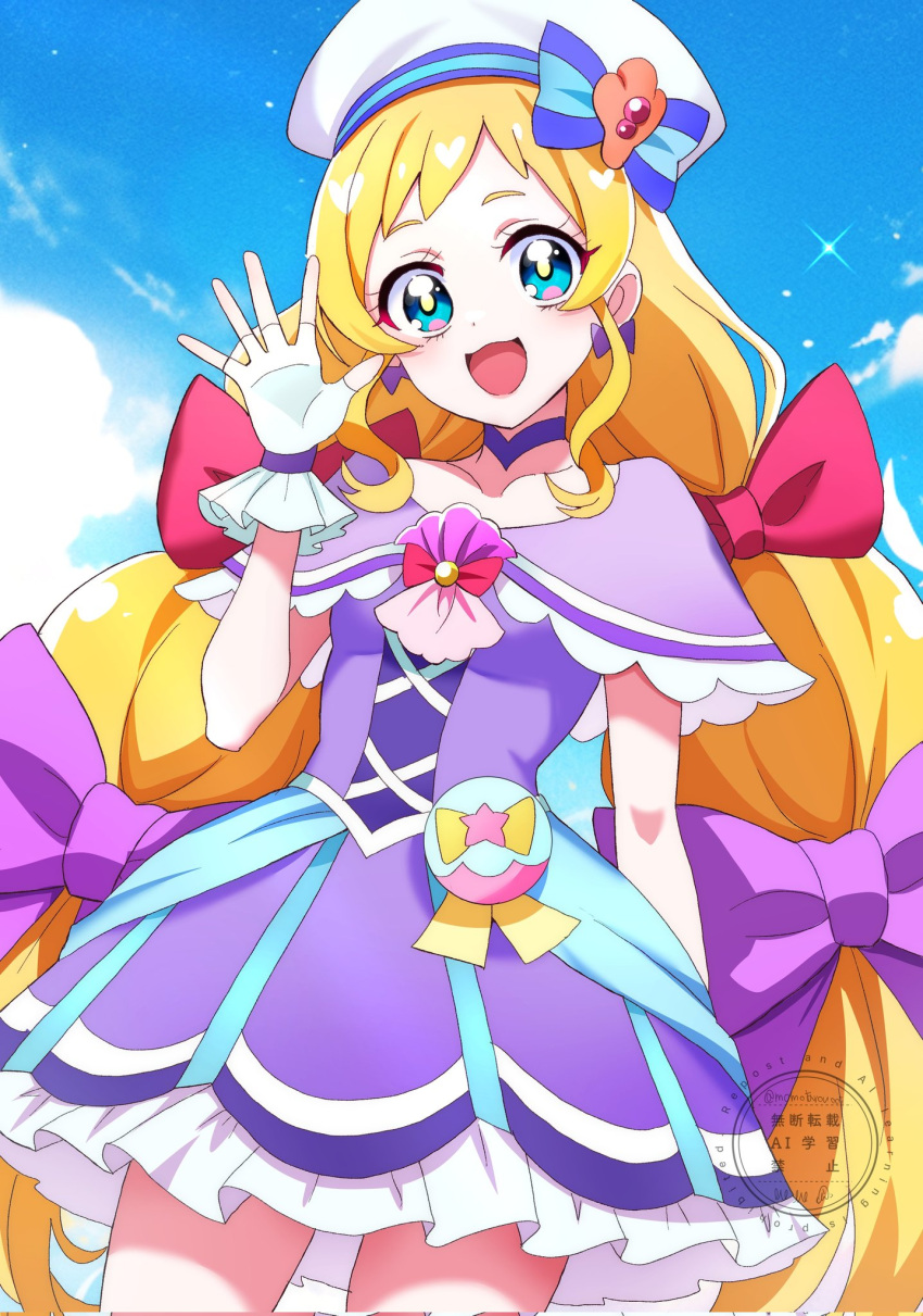 1girl, :d, arm_behind_back, artist_name, blonde_hair, blue_bow, blue_eyes, blue_sky