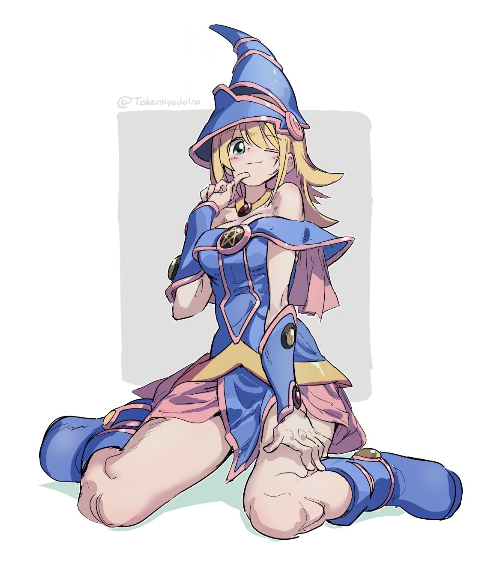 1girl, bare_shoulders, blonde_hair, blue_boots, blue_dress, blue_hat, blush_stickers, boots, breasts, choker, commentary, dark_magician_girl, dress, english_commentary, full_body, green_eyes, hair_between_eyes, hat, huanxiang_huifeng, long_hair, looking_at_viewer, one_eye_closed, phrygian_helmet, pink_skirt, pointing, red_brooch, showgirl_skirt, simple_background, sitting, skirt, solo, wariza, white_background, yellow_choker, yu-gi-oh!