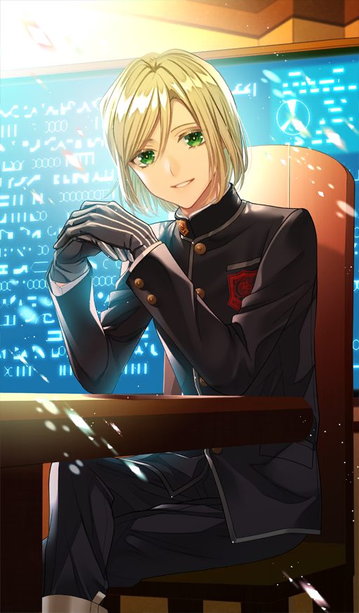 1boy, androgynous, black_gloves, black_jacket, black_pants, blonde_hair, bob_cut, boots