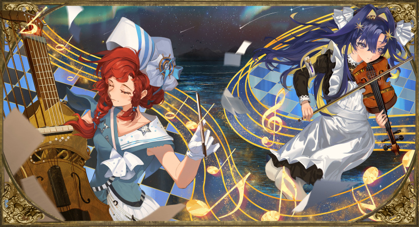 2girls, absurdres, apron, aurora, barcarola_(reverse:1999), black_dress, black_hairband, blonde_hair