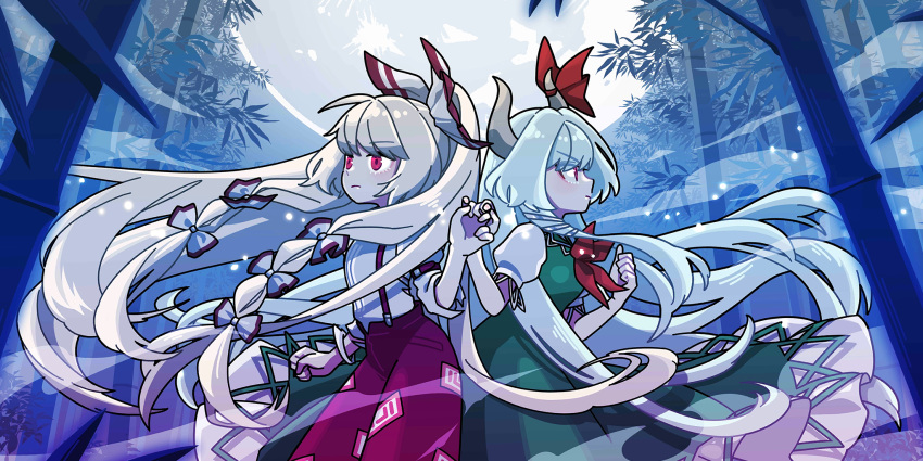 1-tuka, 2girls, bamboo, bamboo_forest, bow, closed_mouth, commentary, dress, english_commentary, ex-keine, forest, fujiwara_no_mokou, full_moon, game_cg, green_dress, green_hair, grey_hair, hair_bow, highres, holding_hands, horn_bow, horn_ornament, horns, kamishirasawa_keine, long_hair, moon, multiple_girls, multiple_hair_bows, nature, official_art, ofuda, ofuda_on_clothes, outdoors, pants, puffy_short_sleeves, puffy_sleeves, red_bow, red_eyes, red_pants, shirt, short_sleeves, single_horn, suspenders, third-party_source, touhou, touhou_lostword, very_long_hair, white_bow, white_shirt