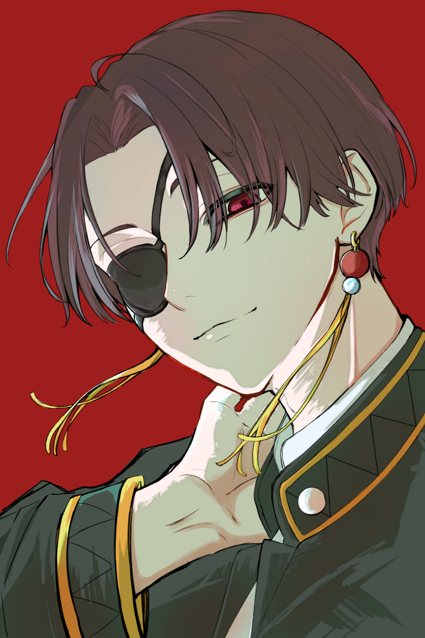 1boy, absurdres, brown_hair, curtained_hair, earrings, empty_eyes, eyepatch, green_light