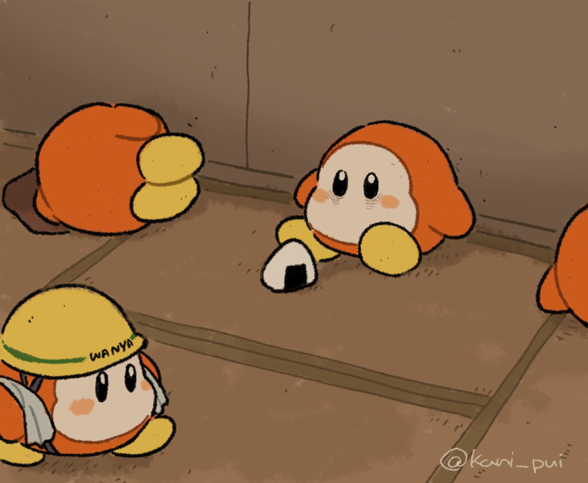bags_under_eyes, clothes_writing, commentary_request, food, hard_hat, helmet, highres, indoors, kaiji, kani_pui, kirby_(series), lying, no_humans, on_floor, on_side, onigiri, parody, sitting, tatami, towel, towel_around_neck, twitter_username, waddle_dee