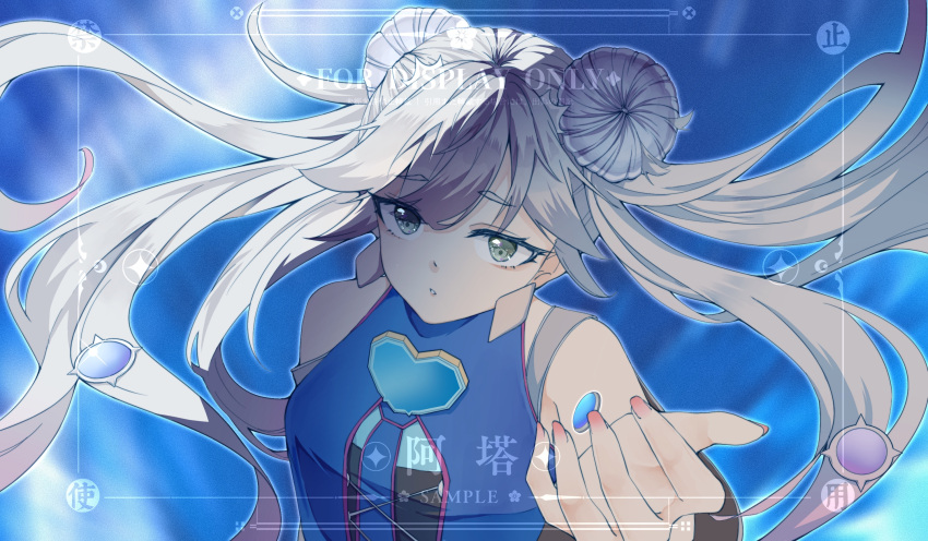 1girl, ascot, blue_ascot, double_bun, dress, duel_monster, earrings, green_eyes