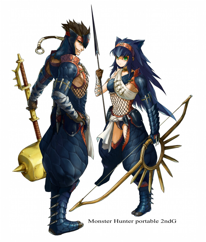 armor, arrow, black_hair, boots, bow_(weapon), brown_hair, capcom, gloves
