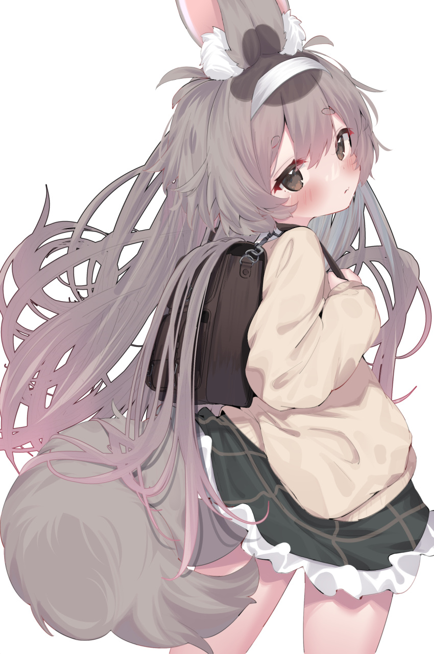 1girl, animal_ear_fluff, animal_ears, backpack, bag, blush, brown_eyes, brown_hair