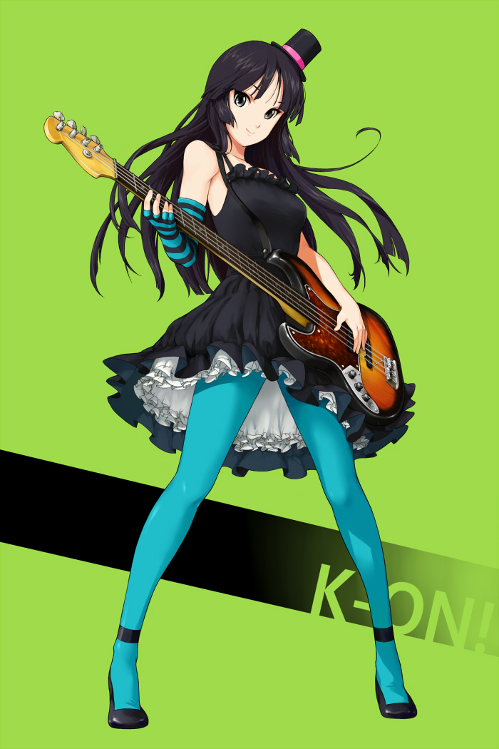 1girl, aji_(ajiopen), akiyama_mio, aqua_legwear, bass_guitar, black_hair, blue_eyes, blue_legwear