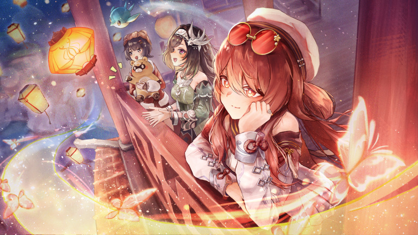 3girls, bare_shoulders, beret, black_hair, bracelet, brown_hair, chinese_clothes, detached_sleeves