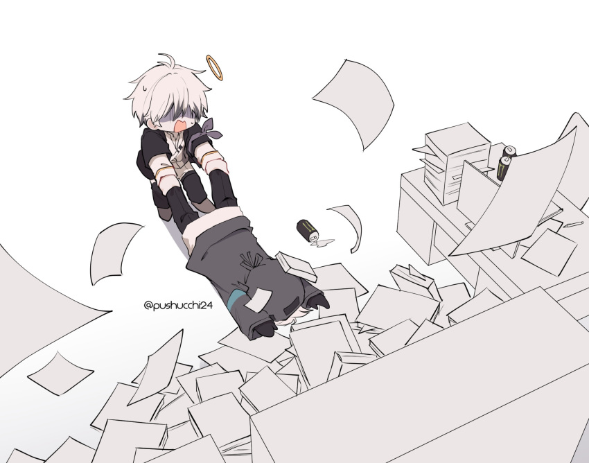 1boy, 1other, adnachiel_(arknights), arknights, black_gloves, black_jacket, black_pants, chibi