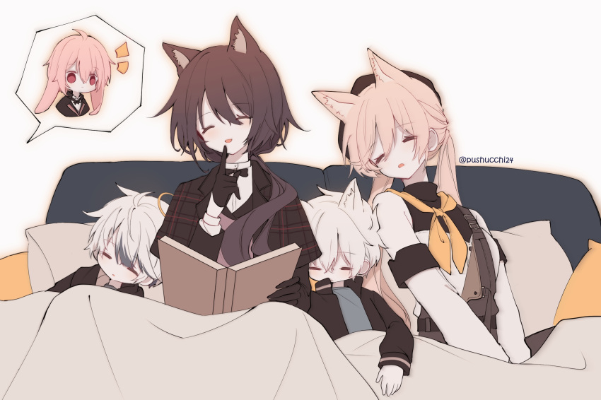 2girls, 3boys, adnachiel_(arknights), aged_down, animal_ear_fluff, animal_ears, ansel_(arknights), ansel_(nighttime_cafe)_(arknights)