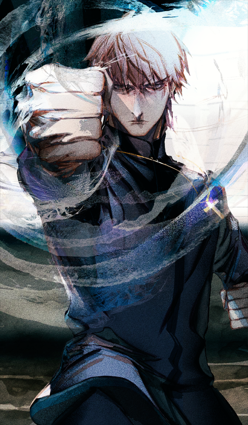 1boy, aojima, black_jacket, brown_hair, clenched_hands, closed_mouth, commentary_request, cowboy_shot, cross, cross_necklace, expressionless, fate/grand_order, fate/zero, fate_(series), fighting_stance, grey_eyes, hair_between_eyes, jacket, jewelry, kotomine_kirei, kotomine_kirei_(fate/zero), latin_cross, long_sleeves, looking_at_viewer, male_focus, motion_lines, necklace, official_art, punching, short_hair, solo, third-party_source, v-shaped_eyebrows