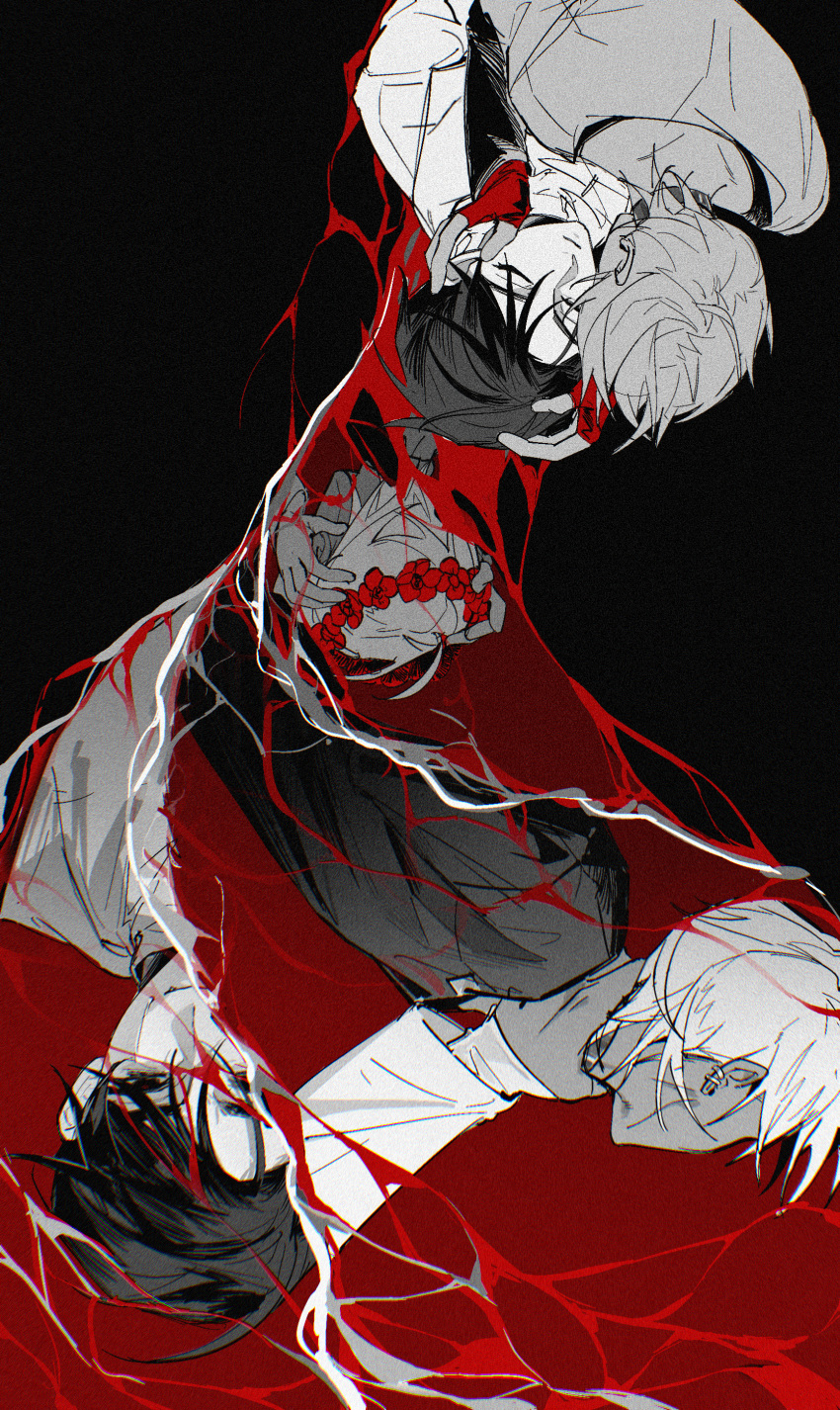 2boys, absurdres, alien_stage, chinese_commentary, commentary, earrings, eweisse, fingerless_gloves, flower, gloves, head_wreath, highres, ivan_(alien_stage), jewelry, long_sleeves, male_focus, multiple_boys, red_flower, short_hair, spot_color, strangling, till_(alien_stage), water